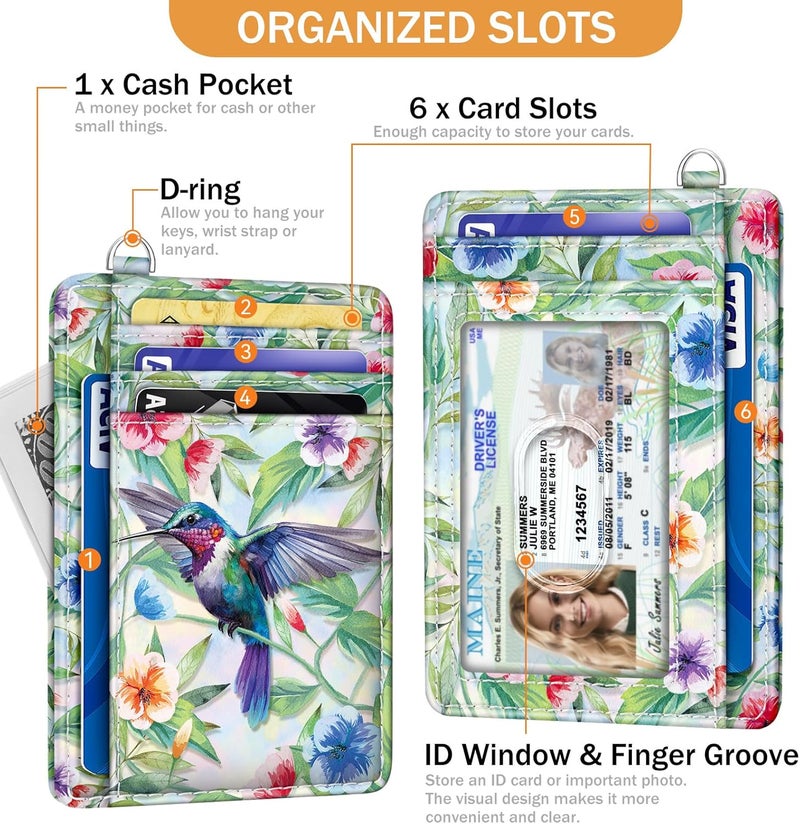 Yonlevres Hummingbird RFID Wristlet Wallet for Women Slim, Small Credit Card Holder Front Pocket Keychain Lanyard, Travel Cute Thin ID Window PU Leather Mini Organizer Case Purse Woman Gifts Ladies - Image 4
